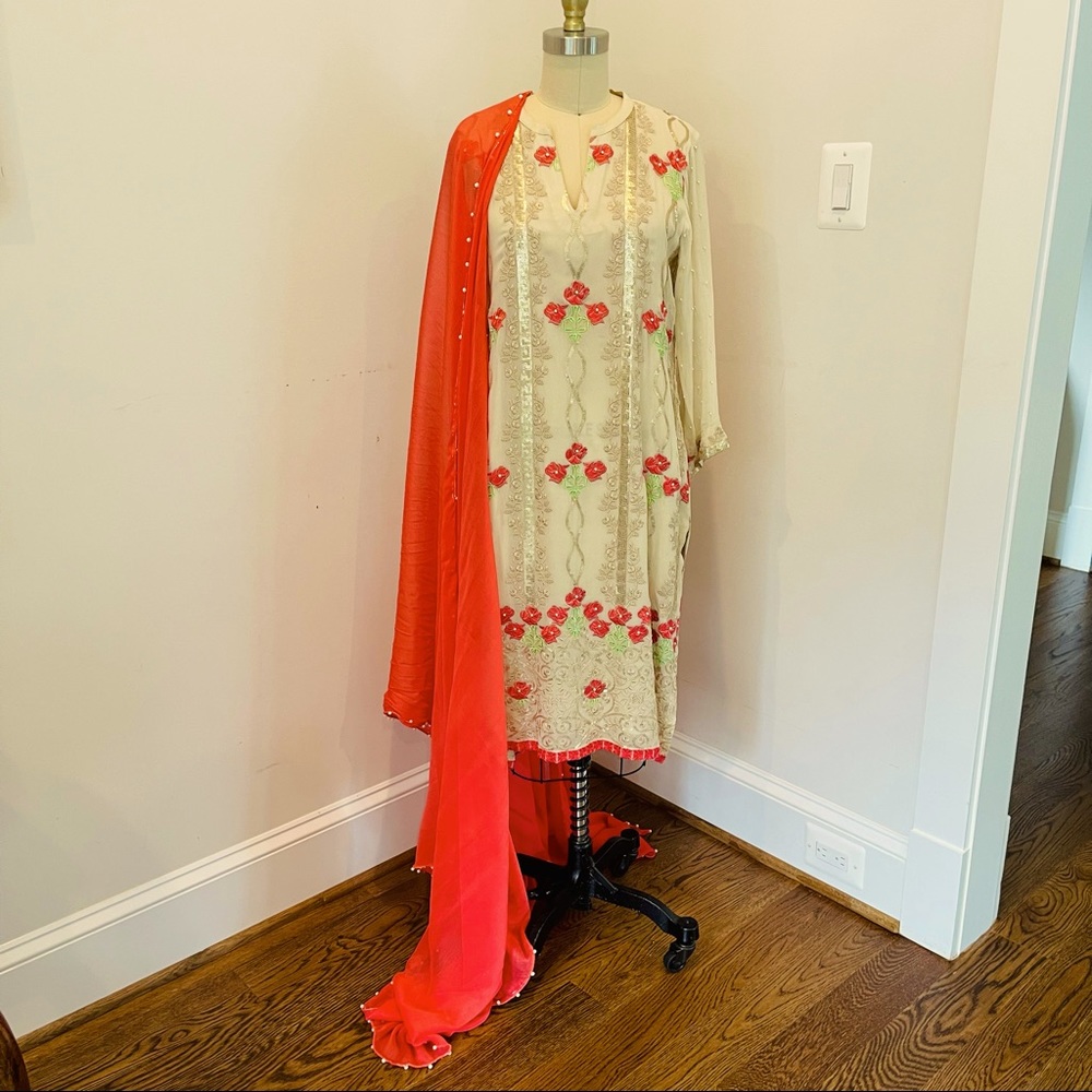 Pure chiffon kameez and dubatta with full embroidery and Pearl embellishment